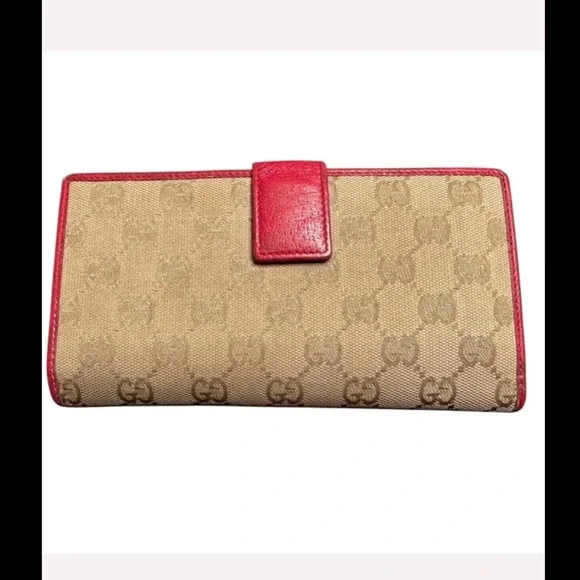 Gucci GG Beige Canvas Long Wallet with Pink Leather Interior Vintage - Picture 2 of 15